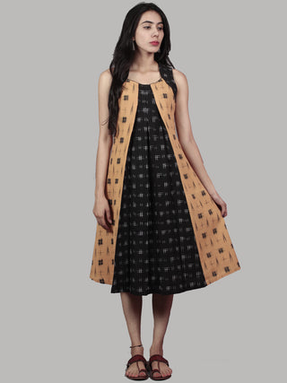 Black Mustard Grey Handwoven Double Ikat Dress With Front Pleats  - D5266601
