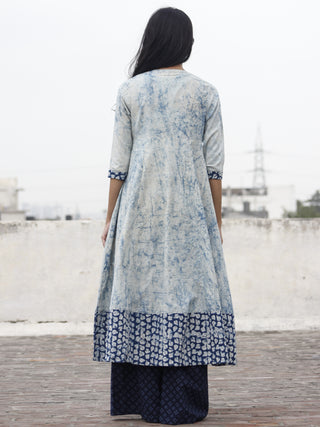 Light Blue Ivory Indigo Hand Block Printed Kurti With 3/4 Sleeve - K15F470
