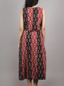 Red Black Maroon Beige Ajrakh Printed Cotton Sleeveless Dress With Side Pockets - D4562701