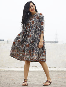 Ivory Grey Rust Beige Black Hand Block Printed Cotton Dress With Gathers And Side Pockets  - D73F599