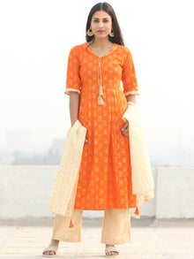 Shaz - Orange Gold Printed Kurta Chanderi Palazzo Set With Dupatta - SS02FZZZ