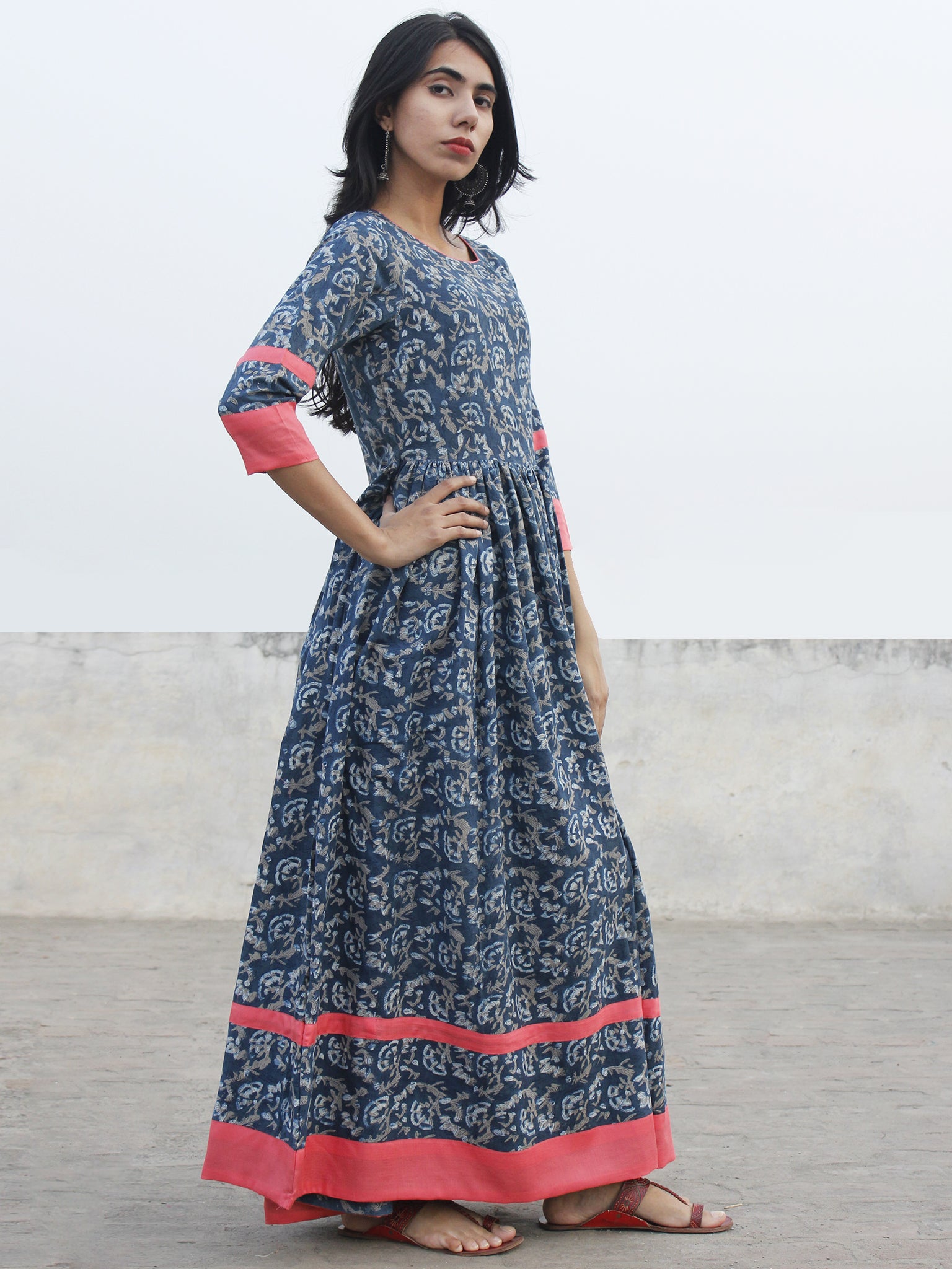 Indigo Ivory Kashish Long Hand Block Cotton Dress With Back Details - InduBindu Indigo Ivory Kashish Long Hand Block Cotton Dress With Back Details - InduBindu