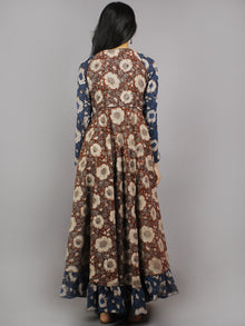 Indigo Maroon Grey Beige Hand Block Printed Long Cotton Dress With Gather - D0661017