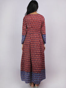 Maroon Blue Ivory Brown Hand Block Printed Kantha Stitched Long Cotton Dress With Box Pleats & Side Pockets - D2556104