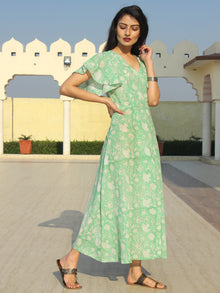 Wirda - Pastel Green Hand Block Printed Cotton Angrakha Dress With Ruffle Sleeves - D273F2128