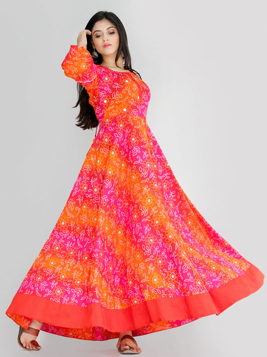 Maher - Pink Orange Bandhani Printed Urave Cut Long Mirror Work Dress  - D381F2238