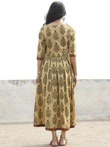 Olive Green Rust Mustard Black Pleated Hand Block Printed Cotton Midi Dress with Side Pockets   - D71F1079