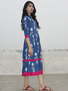 Indigo White Magenta Hand Blocked Cotton Midi Dress With Side Pockets  - D155F903