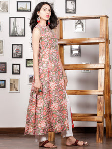 Green Orange Pink White Hand Block Printed Long Kurta With Front Slit - K95F1505
