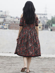 Black Maroon Brown Hand Block Printed Dress With Cold Shoulders And Tassels - D69F597