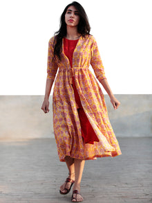 Yellow Red Ivory Hand Block Cotton Dress With Tie-Up Waist And Red Inner -  D85F782