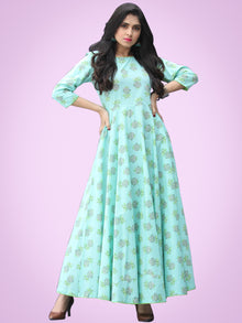 Nusrat - Green Grey Block Printed Urave Cut Long Dress With Tie Up Deep Back - D404F2153