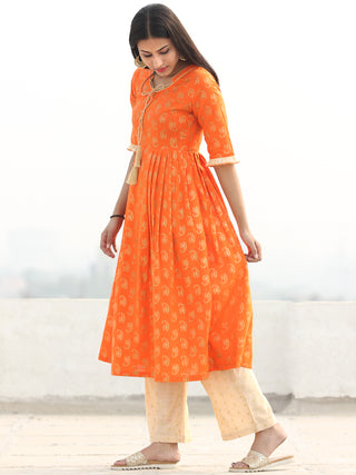 Shaz - Orange Gold Printed Kurta Chanderi Palazzo Set With Dupatta - SS02FZZZ