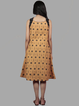 Black Mustard Grey Handwoven Double Ikat Dress With Front Pleats  - D5266601