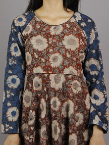 Indigo Maroon Grey Beige Hand Block Printed Long Cotton Dress With Gather - D0661017