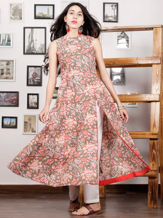 Green Orange Pink White Hand Block Printed Long Kurta With Front Slit - K95F1505