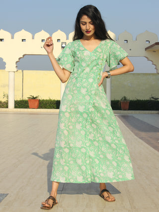 Wirda - Pastel Green Hand Block Printed Cotton Angrakha Dress With Ruffle Sleeves - D273F2128