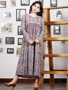 Indigo Beige Coral Hand Block Printed Cotton Dress With Full Sleeves - D270F1379