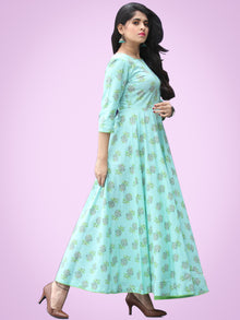 Nusrat - Green Grey Block Printed Urave Cut Long Dress With Tie Up Deep Back - D404F2153