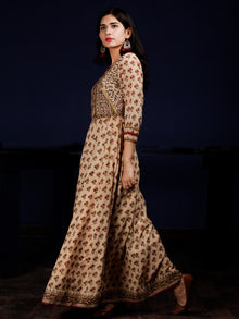 Naaz Ayana - Beige Rust Green Black Hand Block Printed Long Cotton Dress With Full Lining - DS60F001