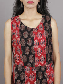 Red Black Maroon Beige Ajrakh Printed Cotton Sleeveless Dress With Side Pockets - D4562701