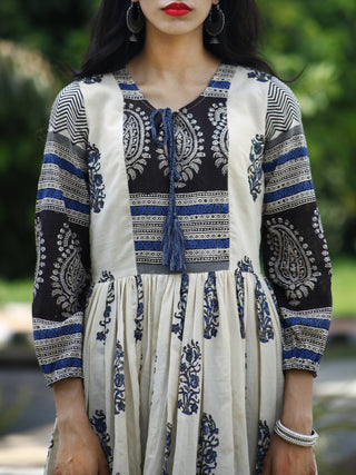 Naaz Ivory Indigo Black Hand Block Printed Long Cotton Dress with Gathers & Lining - DS06F002