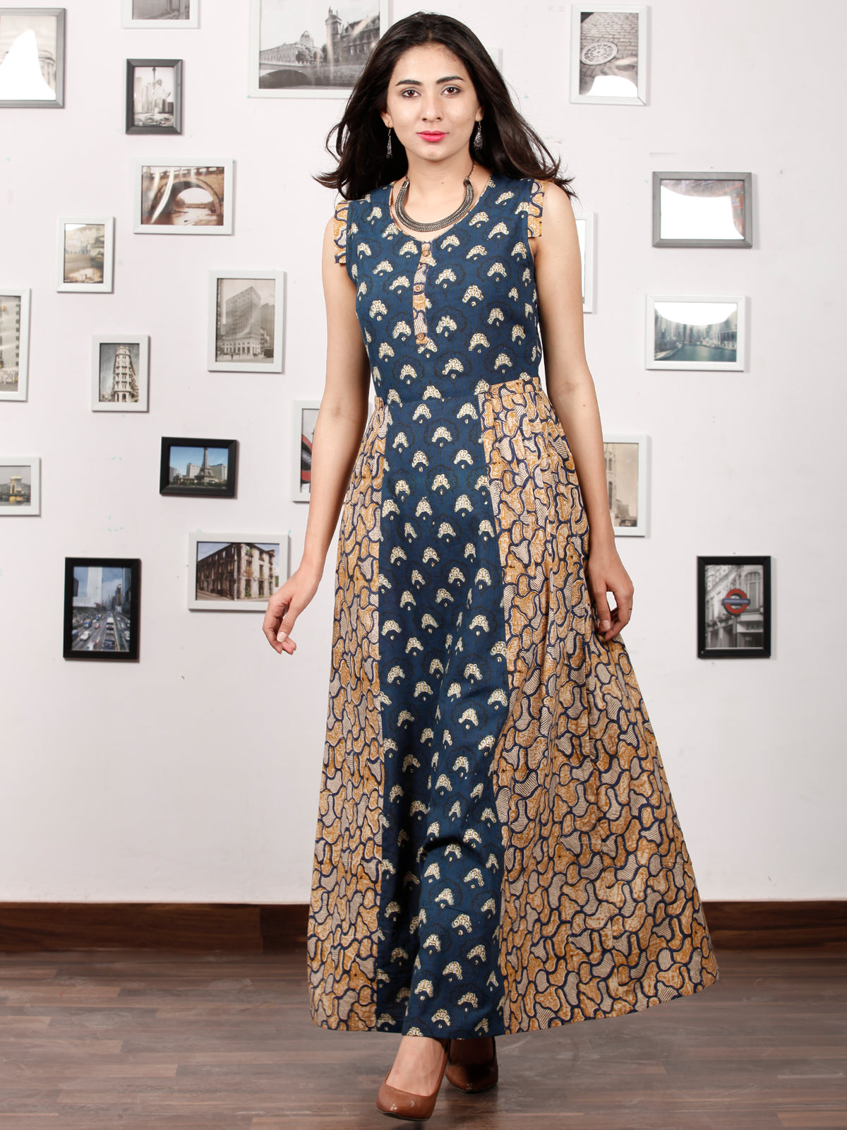 INDIGO SPREAD - Hand Block Printed Cotton Long Sleeveless Dress - D320F1362