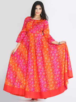 Maher - Pink Orange Bandhani Printed Urave Cut Long Mirror Work Dress  - D381F2238