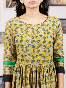 Mustard Green Ivory Hand Block Printed Long Dress With Back Details - D136F1132