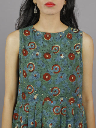 Long Sleeveless Hand Block Printed Cotton Dress With Knife Pleats & Side Pockets
