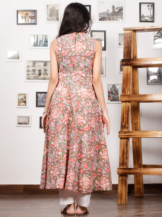 Green Orange Pink White Hand Block Printed Long Kurta With Front Slit - K95F1505