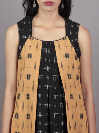 Black Mustard Grey Handwoven Double Ikat Dress With Front Pleats  - D5266601