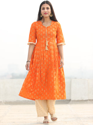 Shaz - Orange Gold Printed Kurta Chanderi Palazzo Set With Dupatta - SS02FZZZ