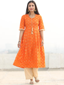 Shaz - Orange Gold Printed Kurta Chanderi Palazzo Set With Dupatta - SS02FZZZ