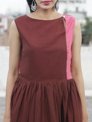 Naaz Zubeda - Chocolate Brown Peach White Hand Block Printed Full Length Tier Dress - DS30F001