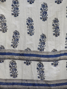 Naaz Ivory Indigo Black Hand Block Printed Long Cotton Dress with Gathers & Lining - DS06F002