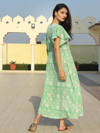 Wirda - Pastel Green Hand Block Printed Cotton Angrakha Dress With Ruffle Sleeves - D273F2128