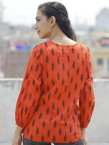 Dark Coral Black Hand Woven Ikat Top with Peasant Sleeves  - T16F819