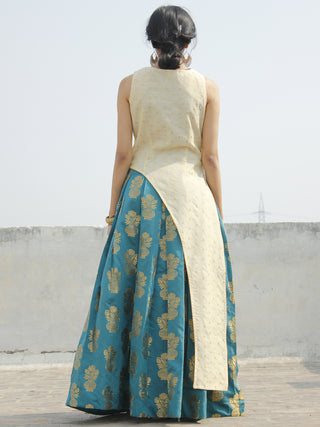 Ivory Teal Golden Asymmetrical Kurta With Box Pleated Skirt (Set of 2) - D123F001