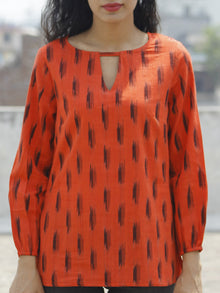 Dark Coral Black Hand Woven Ikat Top with Peasant Sleeves  - T16F819