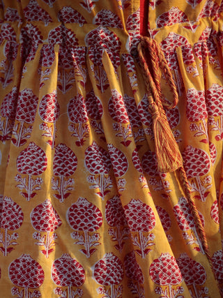 Yellow Red Ivory Hand Block Cotton Dress With Tie-Up Waist And Red Inner -  D85F782