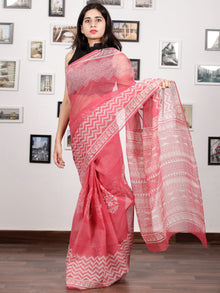 Pink White Hand Block Printed Kota Doria Saree in Natural Colors - S031703135