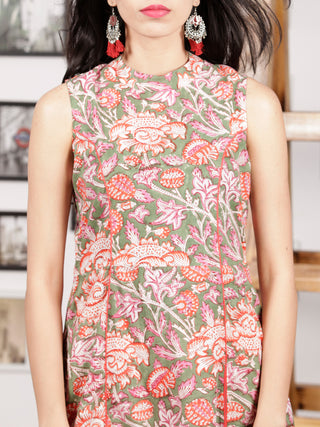 Green Orange Pink White Hand Block Printed Long Kurta With Front Slit - K95F1505