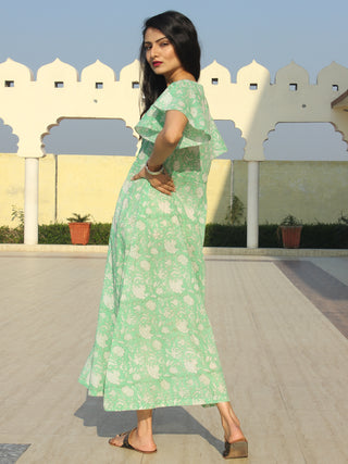 Wirda - Pastel Green Hand Block Printed Cotton Angrakha Dress With Ruffle Sleeves - D273F2128