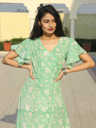 Wirda - Pastel Green Hand Block Printed Cotton Angrakha Dress With Ruffle Sleeves - D273F2128
