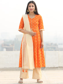 Shaz - Orange Gold Printed Kurta Chanderi Palazzo Set With Dupatta - SS02FZZZ