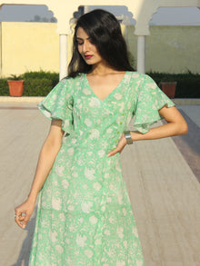 Wirda - Pastel Green Hand Block Printed Cotton Angrakha Dress With Ruffle Sleeves - D273F2128