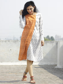 Ivory Peach black Ikat Dress With  Side Pockets  & Extra Long Cuff-  D115F820
