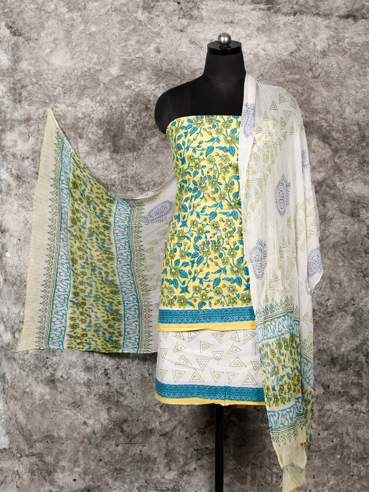 Lime Green Blue Hand Block Printed Cotton Suit-Salwar Fabric With Chiffon Dupatta (Set of 3) - SU01HB351