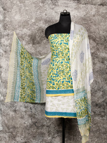 Lime Green Blue Hand Block Printed Cotton Suit-Salwar Fabric With Chiffon Dupatta (Set of 3) - SU01HB351